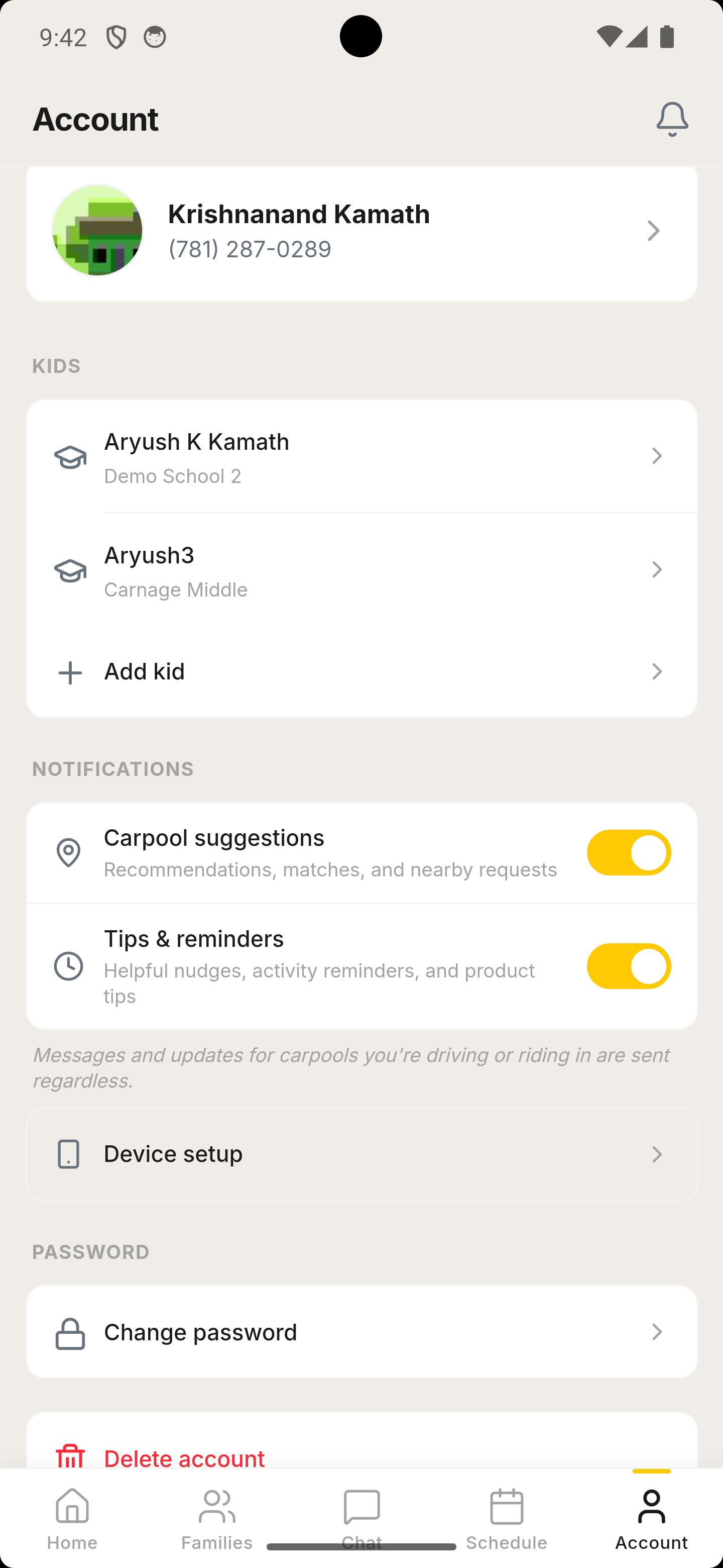 Account screen with kids and notification preferences