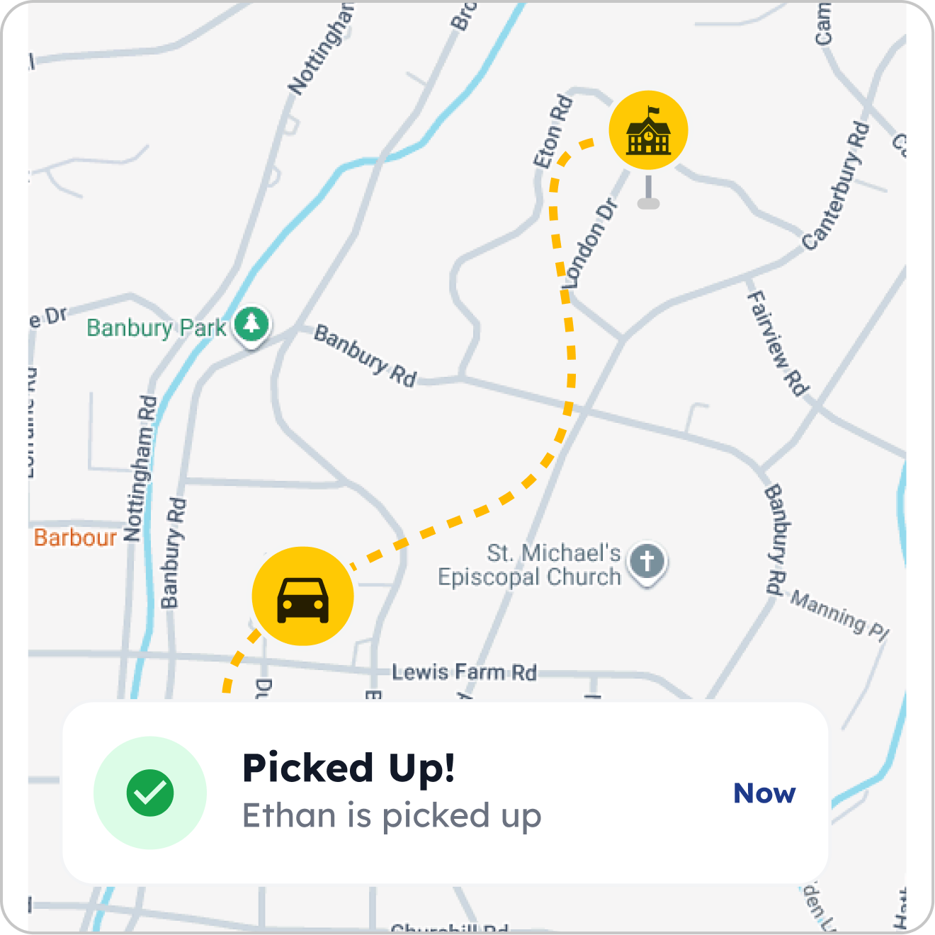 Live pickup tracking showing car en route to school
