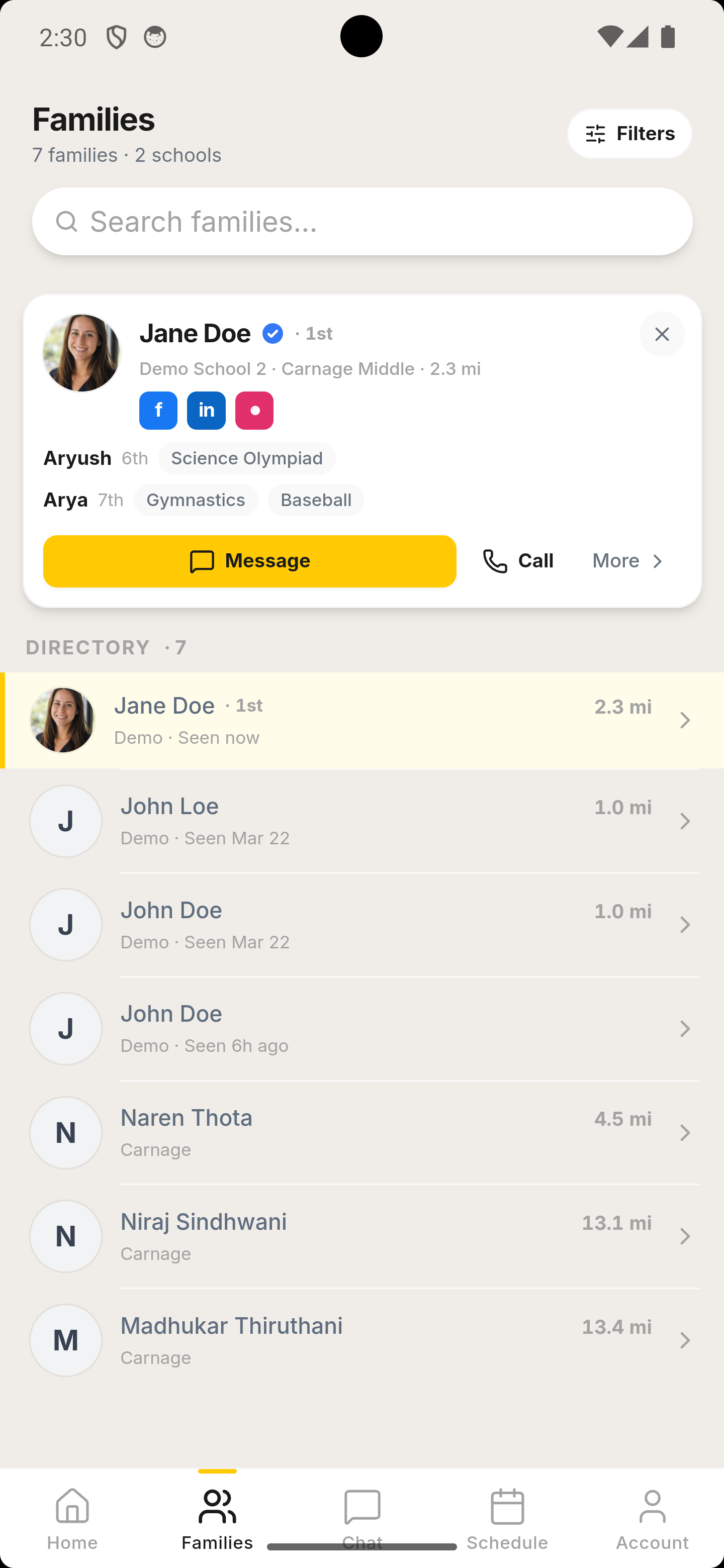 Families directory showing parent profiles and connection options