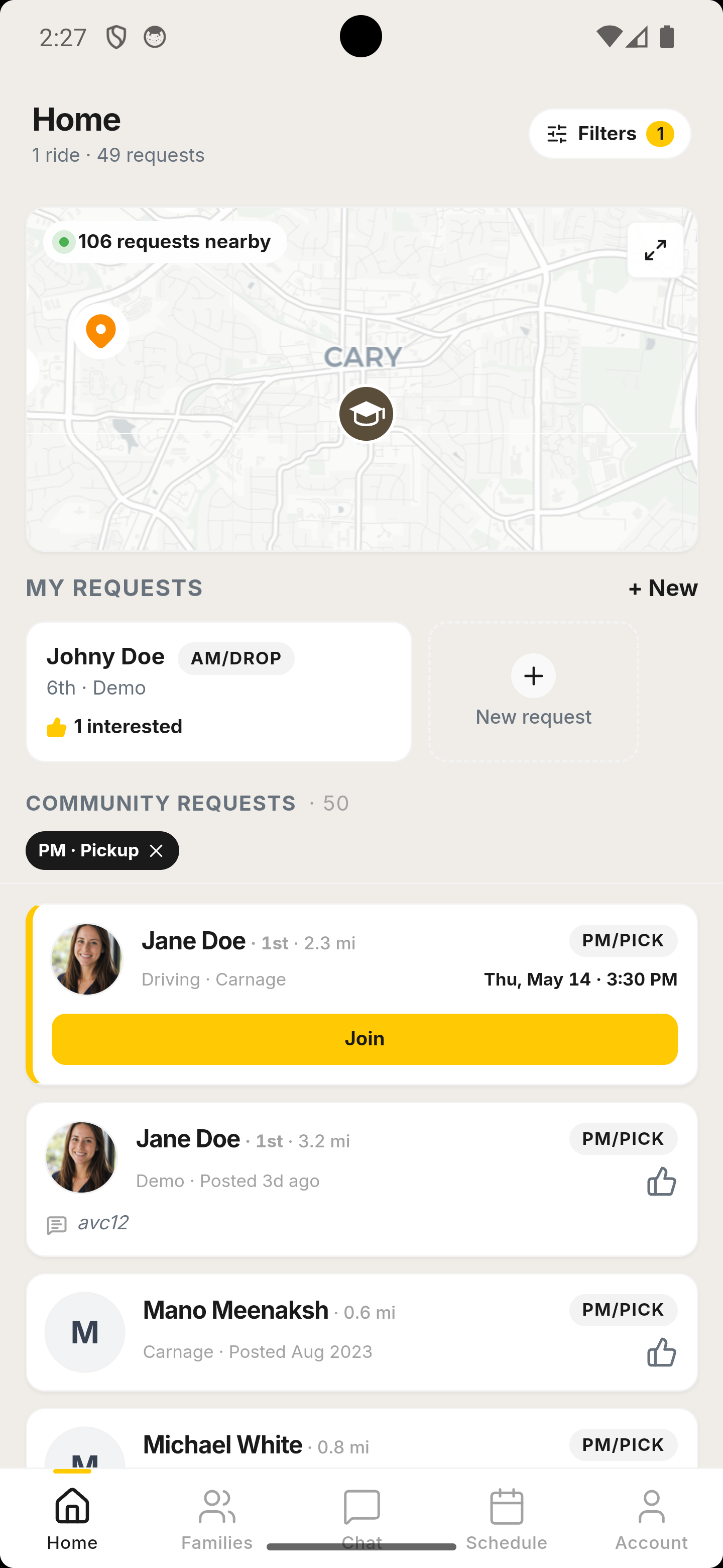 Carpool.School home screen showing nearby requests and parent activity