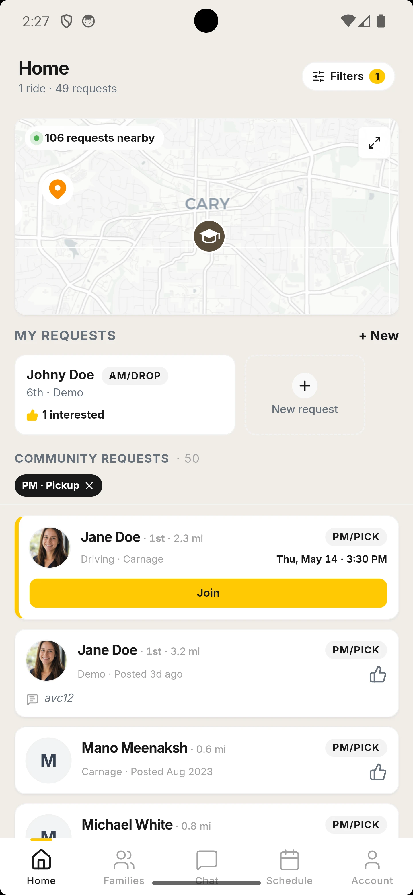 The Carpool.School home screen showing nearby families and parent activity