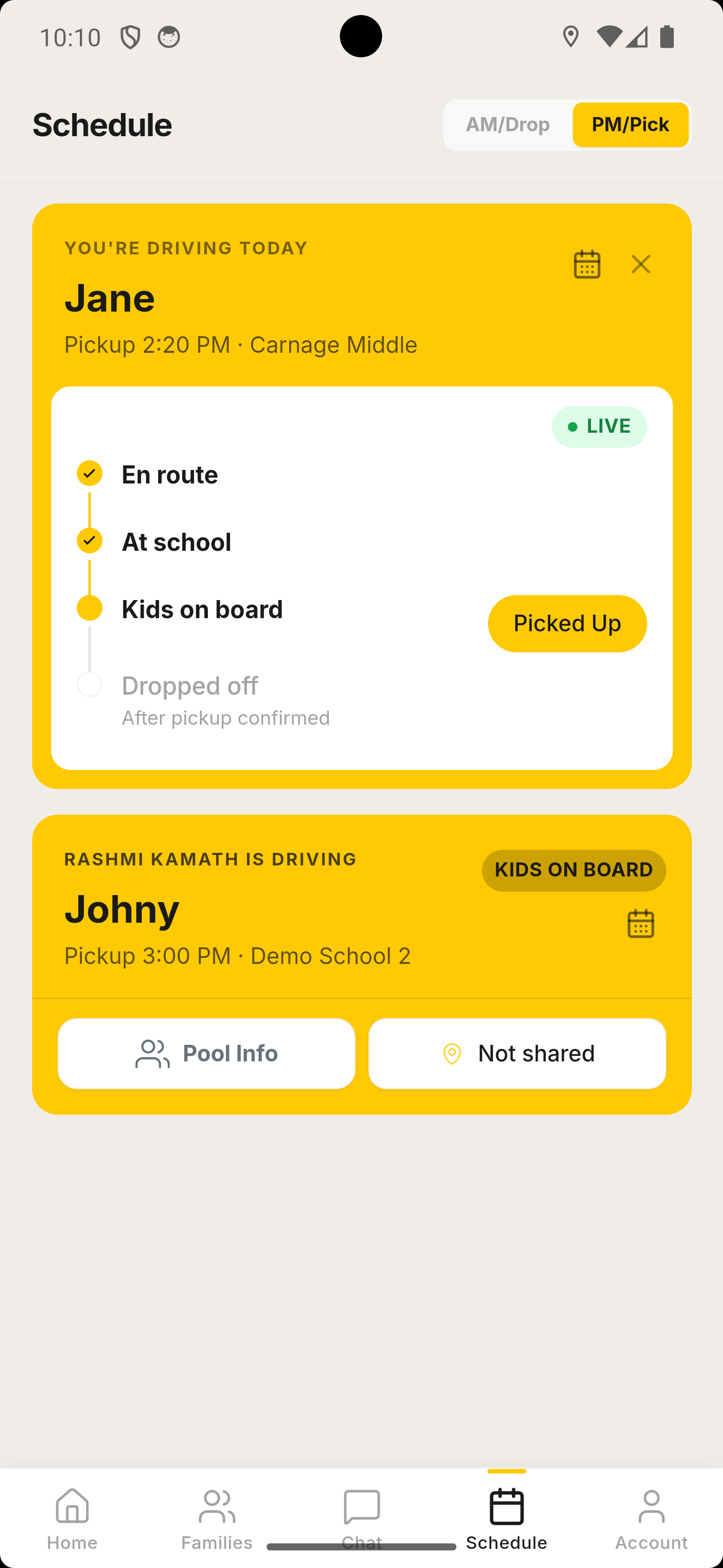 Today's carpool schedule showing live ride status